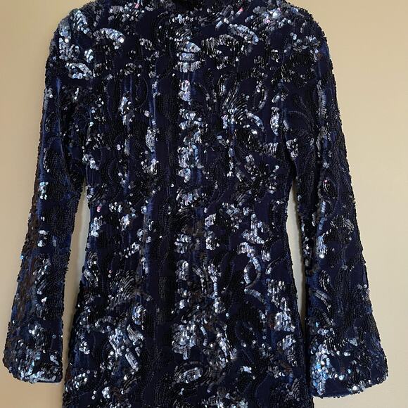 Alexis Rhapsody Dress Navy Blue Velvet Sequin Size Medium Turtleneck Mini Sexy - Picture 9 of 16